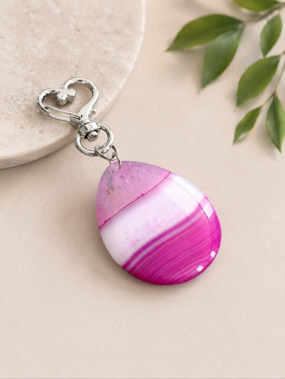Pink Agate Keychain Charm | Heart Clasp Gemstone Keychain | Purse Charm
